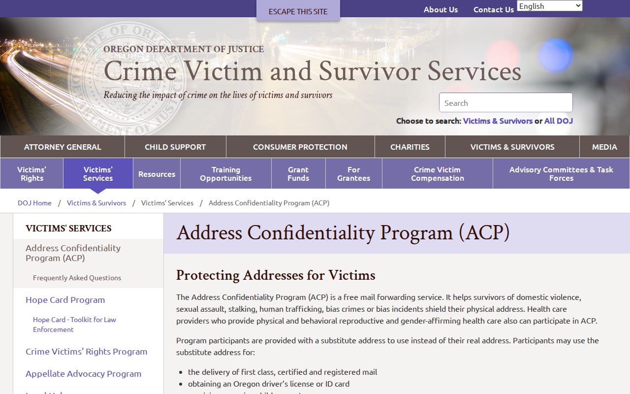 Roseburg neighbors Oregon Address Confidentiality Program privacy and substitute-address information