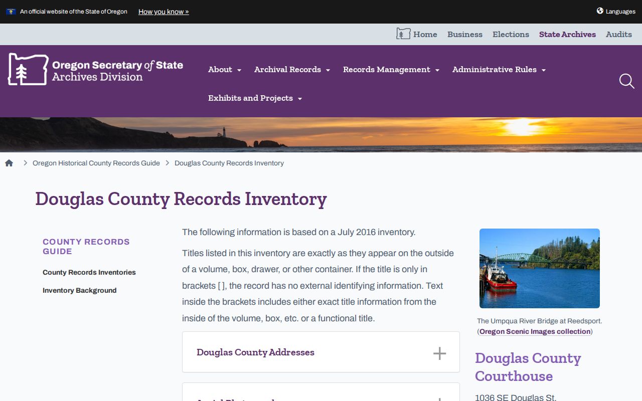 Roseburg previous residents Oregon State Archives Douglas County inventory