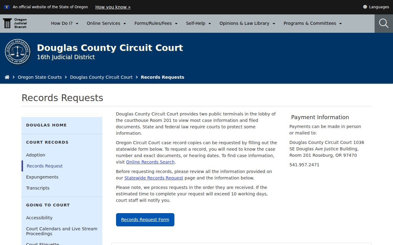 Roseburg resident search Douglas Circuit Court records request page