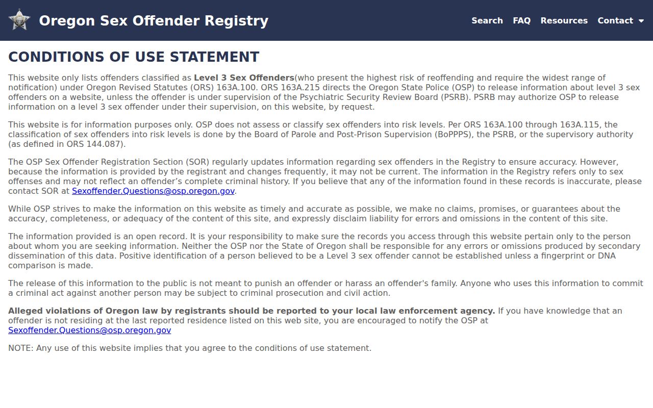 Roseburg resident search Oregon State Police registry public safety page