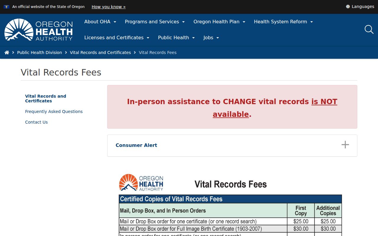 Roseburg resident search Oregon Vital Records fees and order options