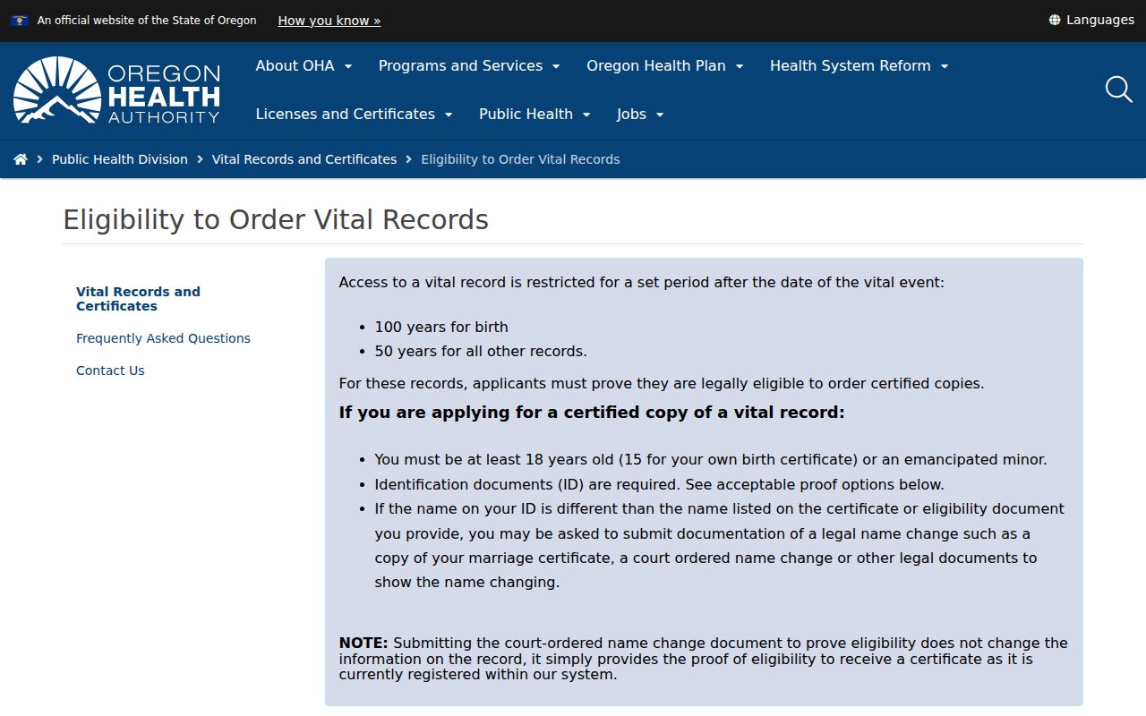 Roseburg resident search Oregon vital record eligibility requirements