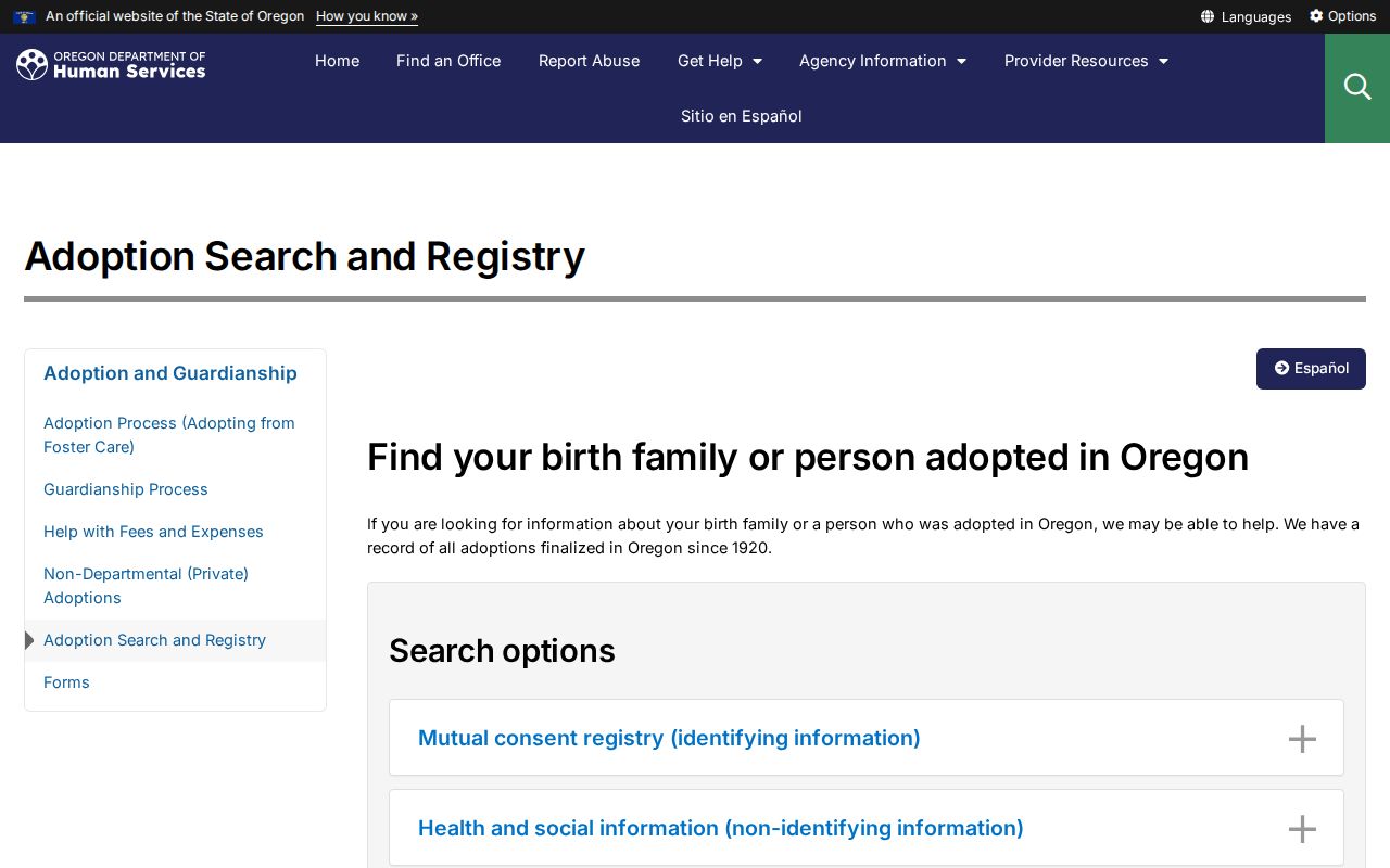 Roseburg resident search Oregon adoption registry information