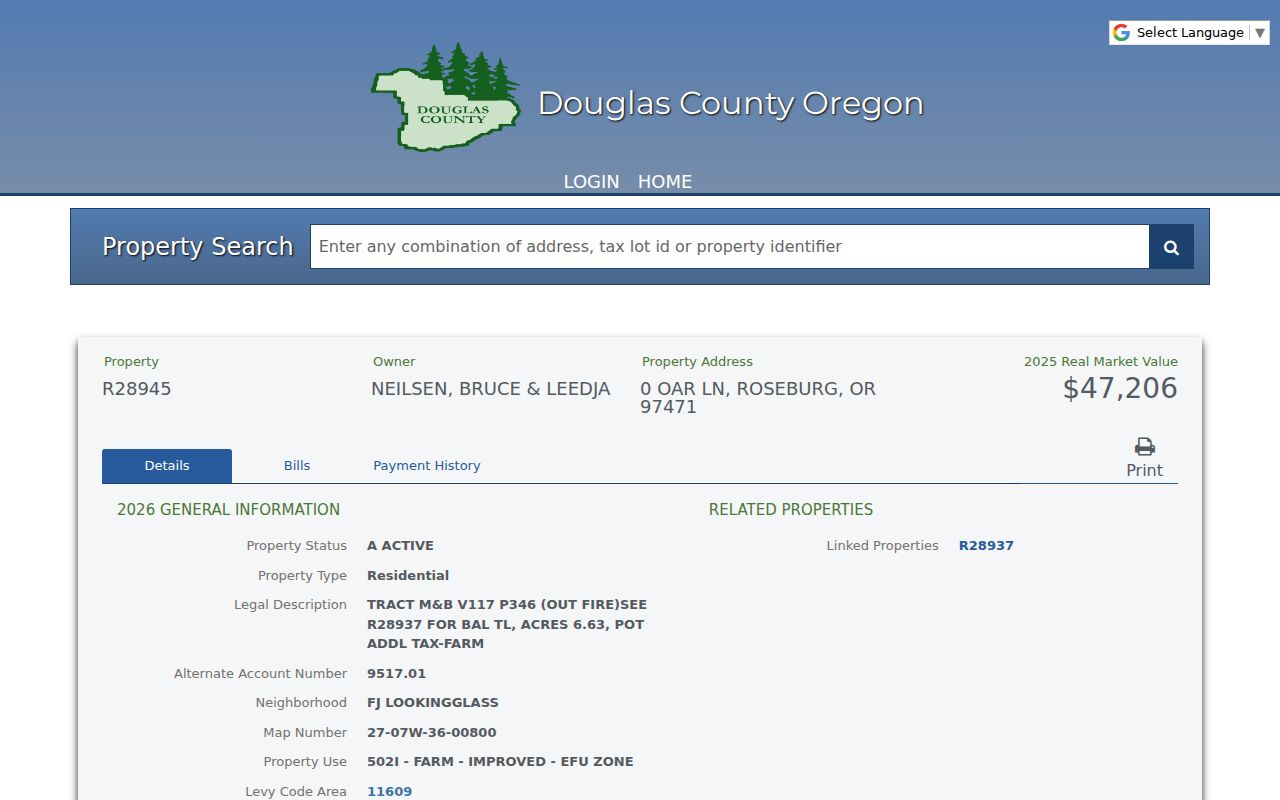 Roseburg street directory Douglas County parcel card with property address and legal-description fields