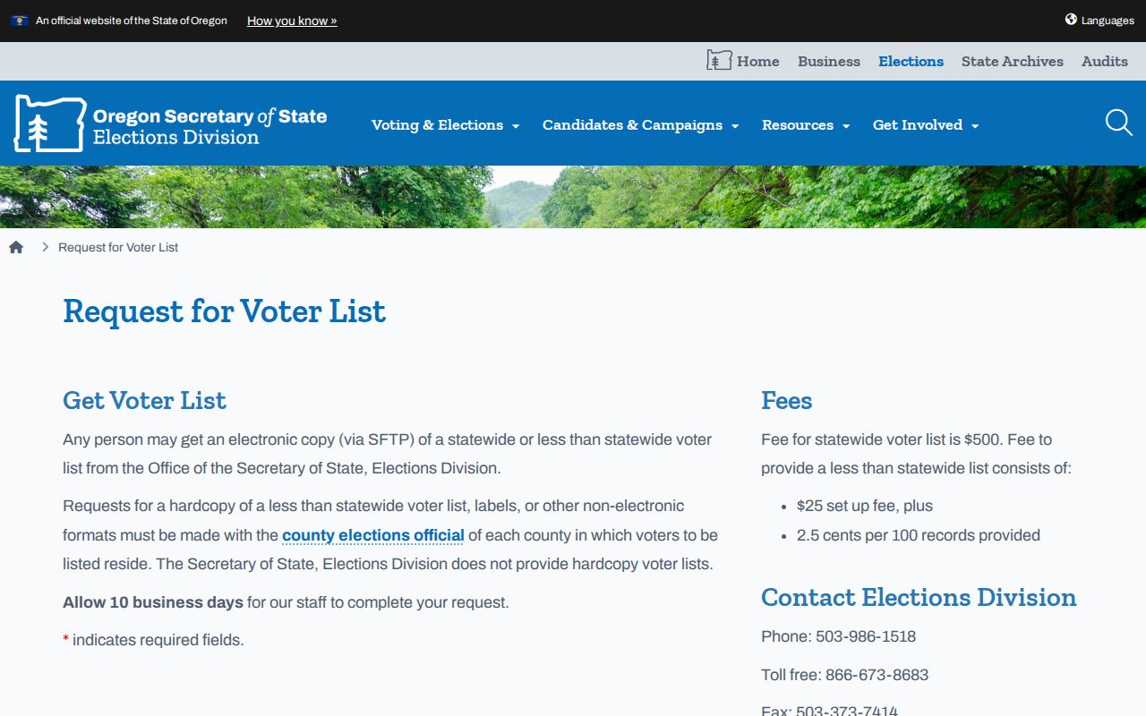 Roseburg street directory Oregon voter-list request form and official access route