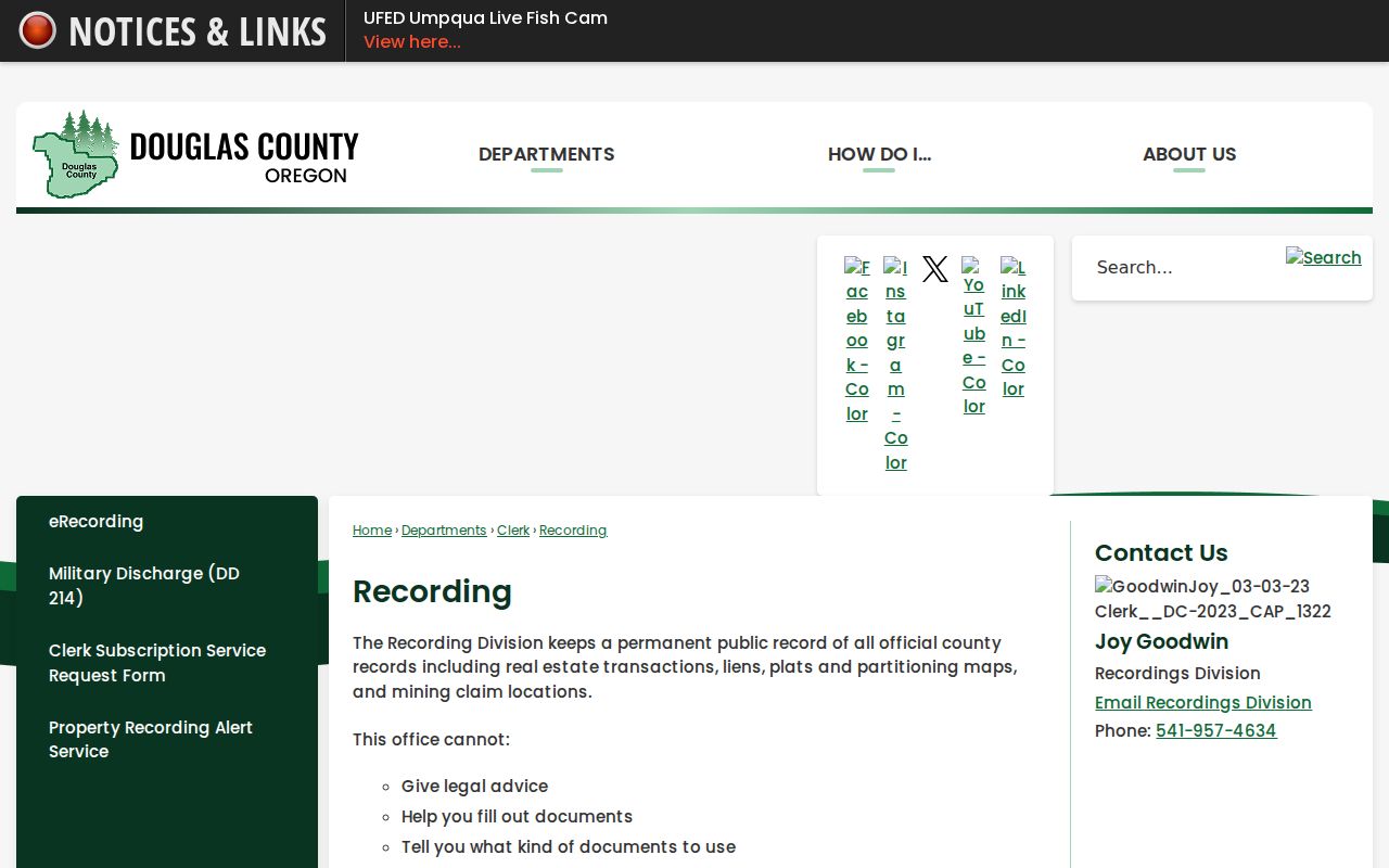 Roseburg street directory Douglas County Clerk Recording access and deed-index information